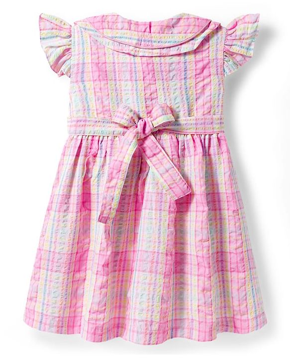 Babyhug Cotton Knit Frill Sleeves Checkered Frock - Multicolor