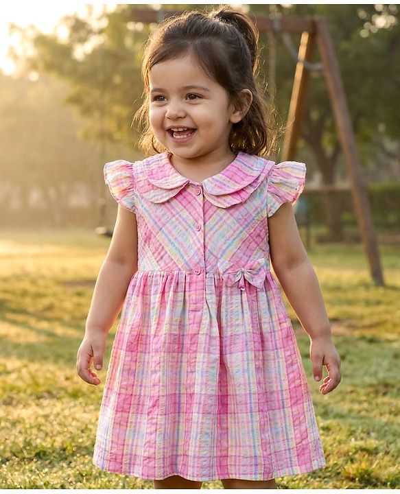 Babyhug Cotton Knit Frill Sleeves Checkered Frock - Multicolor