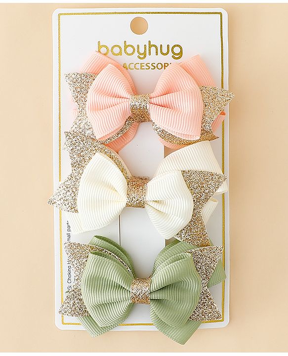 Babyhug  Free Size Bow Clips Pack of 3 - Pink white & Green