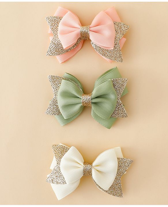 Babyhug  Free Size Bow Clips Pack of 3 - Pink white & Green