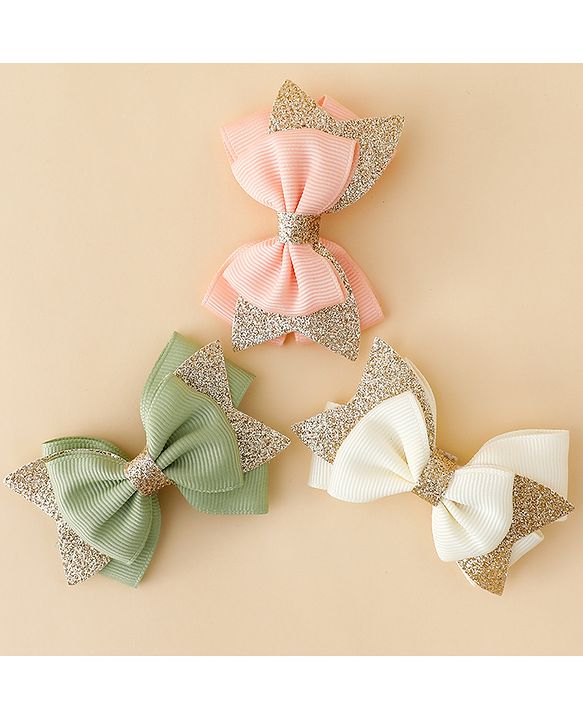 Babyhug  Free Size Bow Clips Pack of 3 - Pink white & Green