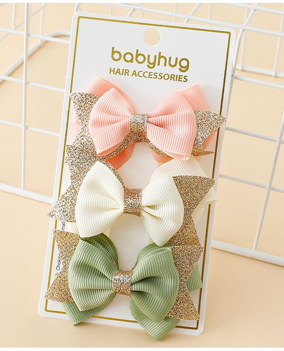 Babyhug  Free Size Bow Clips Pack of 3 - Pink white & Green