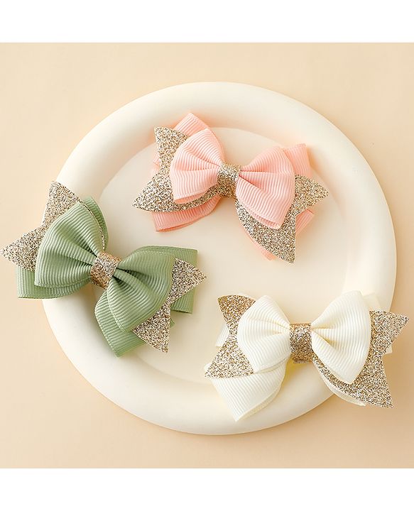 Babyhug  Free Size Bow Clips Pack of 3 - Pink white & Green