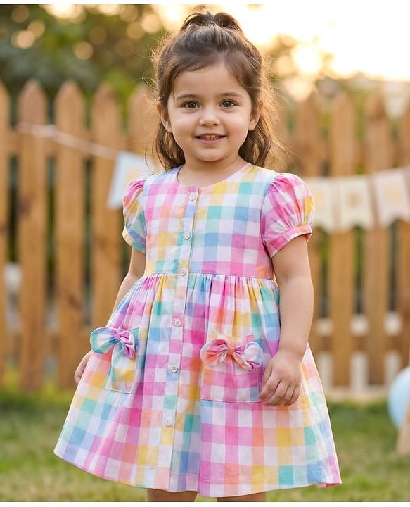 Babyhug Cotton Woven Half Puffed Sleeves Checkered Frock with Bow Applique - Multicolor