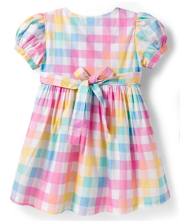 Babyhug Cotton Woven Half Puffed Sleeves Checkered Frock with Bow Applique - Multicolor