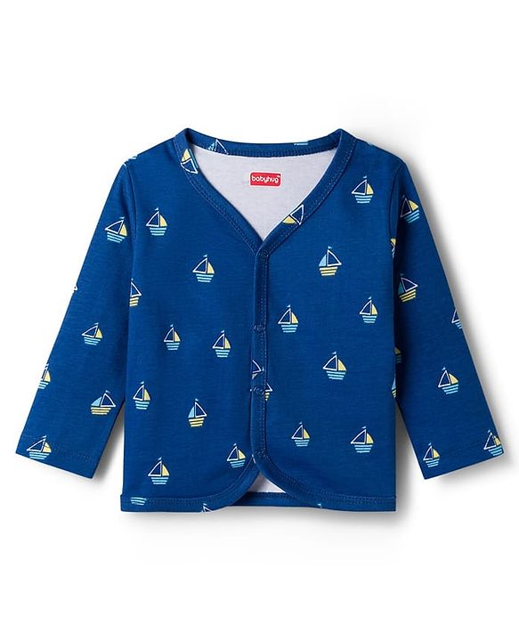 Babyhug 100% Cotton Knit Full Sleeves Front Open Jhablas with Nautical Theme Print Pack of 3 - Yellow Navy & Light Blue