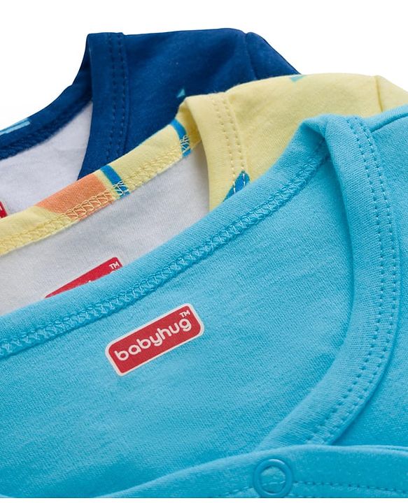 Babyhug 100% Cotton Knit Full Sleeves Front Open Jhablas with Nautical Theme Print Pack of 3 - Yellow Navy & Light Blue