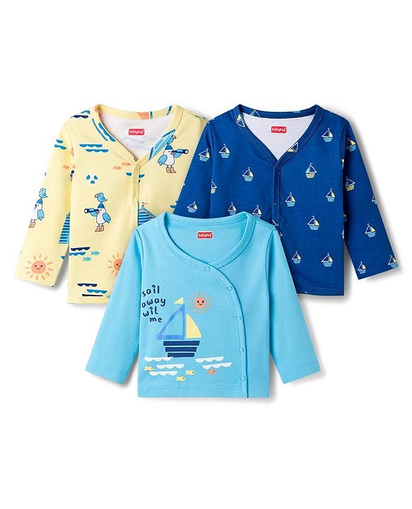 Babyhug 100% Cotton Knit Full Sleeves Front Open Jhablas with Nautical Theme Print Pack of 3 - Yellow Navy & Light Blue