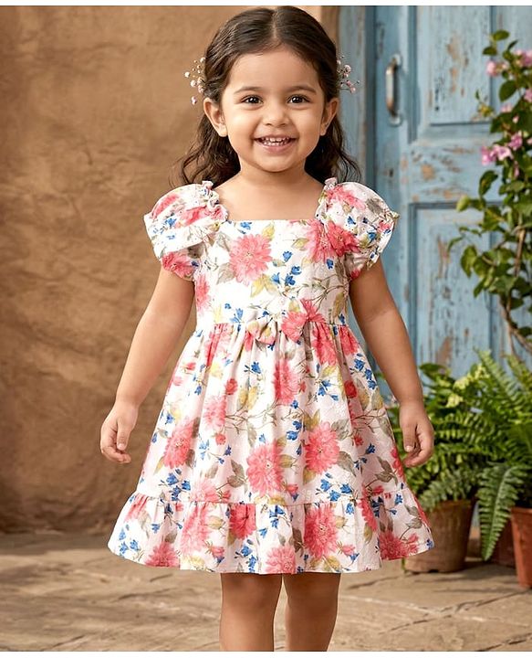 Babyhug Cotton Woven Half Sleeves Frock With Floral Print - White