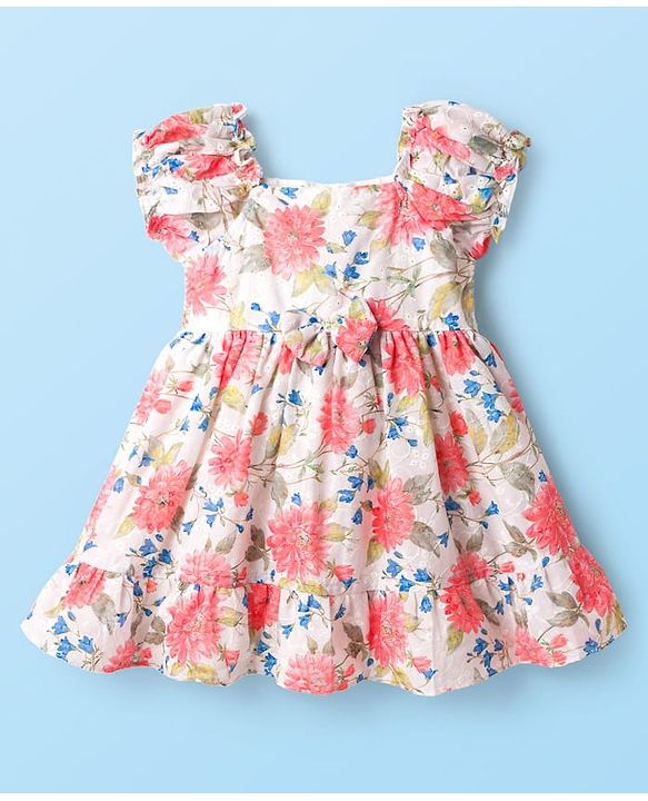 Babyhug Cotton Woven Half Sleeves Frock With Floral Print - White