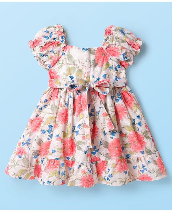 Babyhug Cotton Woven Half Sleeves Frock With Floral Print - White
