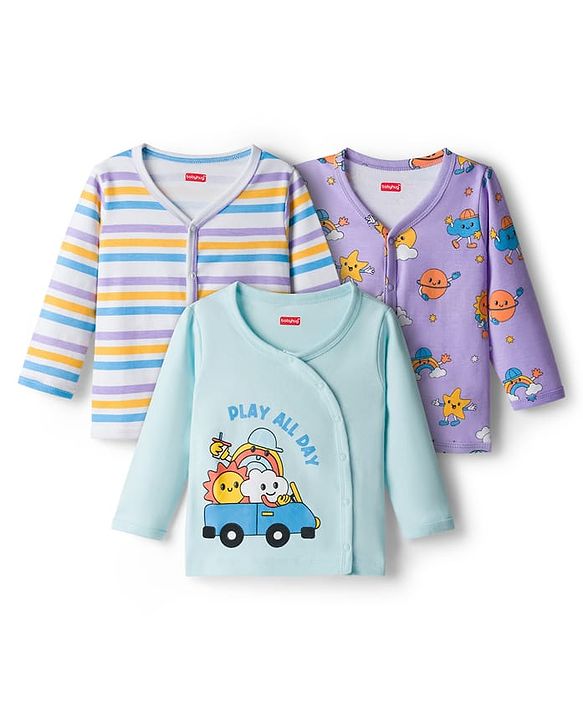 Babyhug Interlock Knit Jhablas With Vehicle Print Pack Of 3 - Purple Light Blue & White