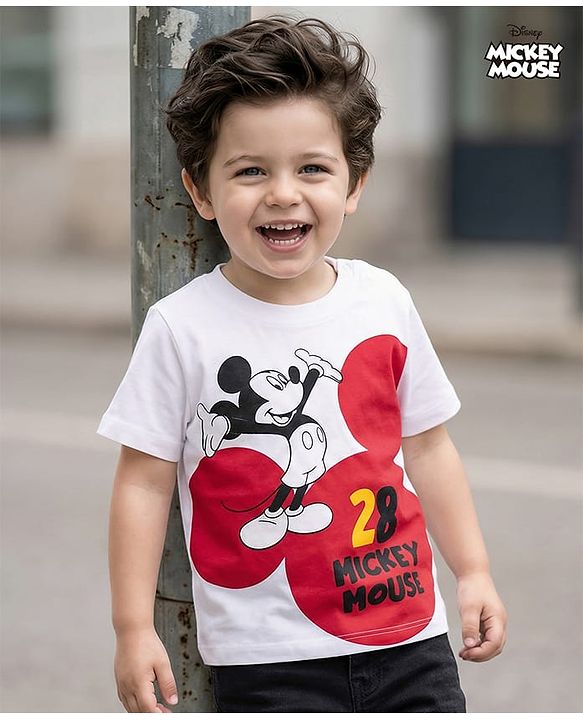 Babyhug Disney Single Jersey Knit Half Sleeves T-Shirt With Mickey Mouse Graphics - White