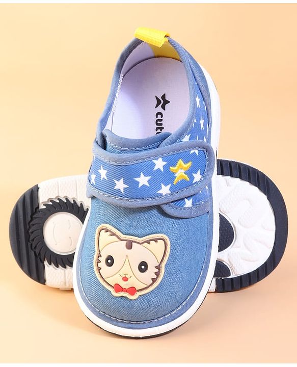 Cute Walk by Babyhug Velcro Closuer Casual Shoes With Star Print & Cat Applique - Blue