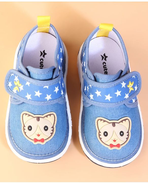 Cute Walk by Babyhug Velcro Closuer Casual Shoes With Star Print & Cat Applique - Blue
