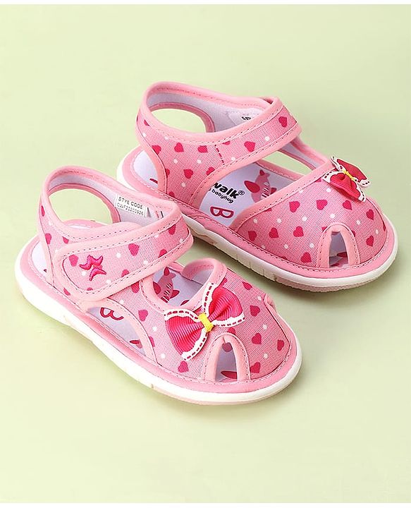 Cute Walk by Babyhug Velcro Closure Sandals with Bow Applique & Heart Print - Pink