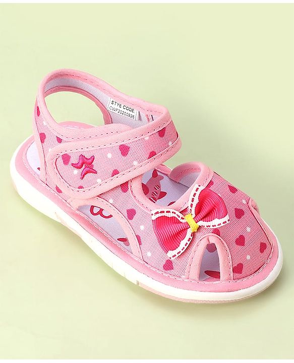 Cute Walk by Babyhug Velcro Closure Sandals with Bow Applique & Heart Print - Pink