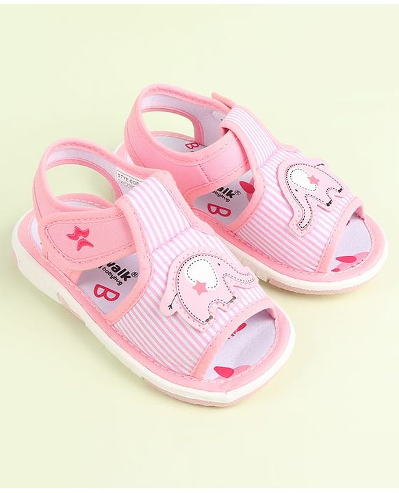 Cute Walk by Babyhug Velcro Closure Sandals Elephant Patch & Stripes - Pink