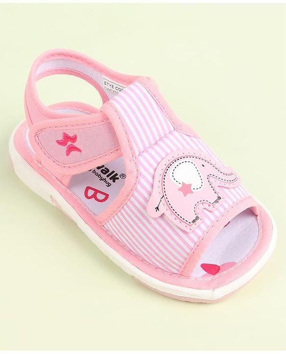 Cute Walk by Babyhug Velcro Closure Sandals Elephant Patch & Stripes - Pink