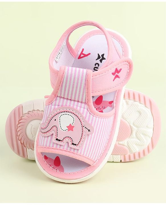 Cute Walk by Babyhug Velcro Closure Sandals Elephant Patch & Stripes - Pink