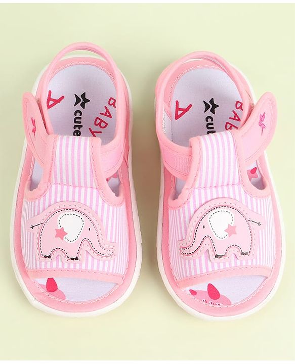 Cute Walk by Babyhug Velcro Closure Sandals Elephant Patch & Stripes - Pink
