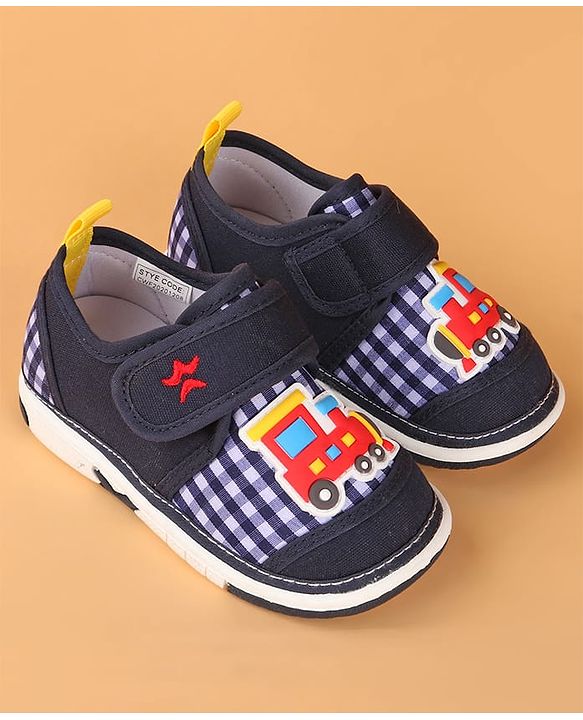 Cute Walk by Babyhug Velcro Closure Casual Shoes with Checks & Train Applique - Navy Blue