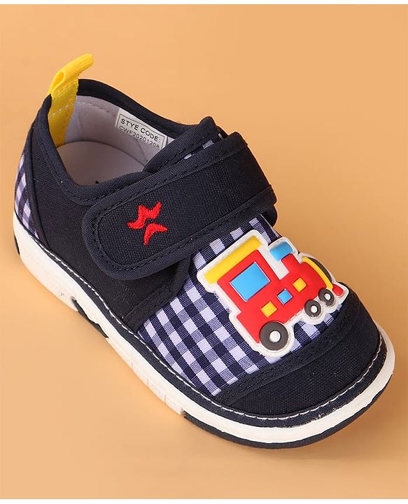 Cute Walk by Babyhug Velcro Closure Casual Shoes with Checks & Train Applique - Navy Blue