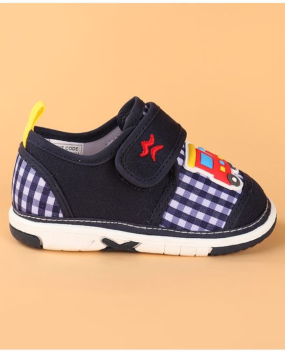 Cute Walk by Babyhug Velcro Closure Casual Shoes with Checks & Train Applique - Navy Blue