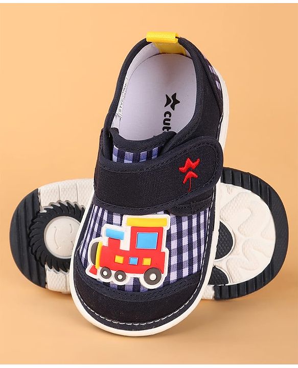 Cute Walk by Babyhug Velcro Closure Casual Shoes with Checks & Train Applique - Navy Blue