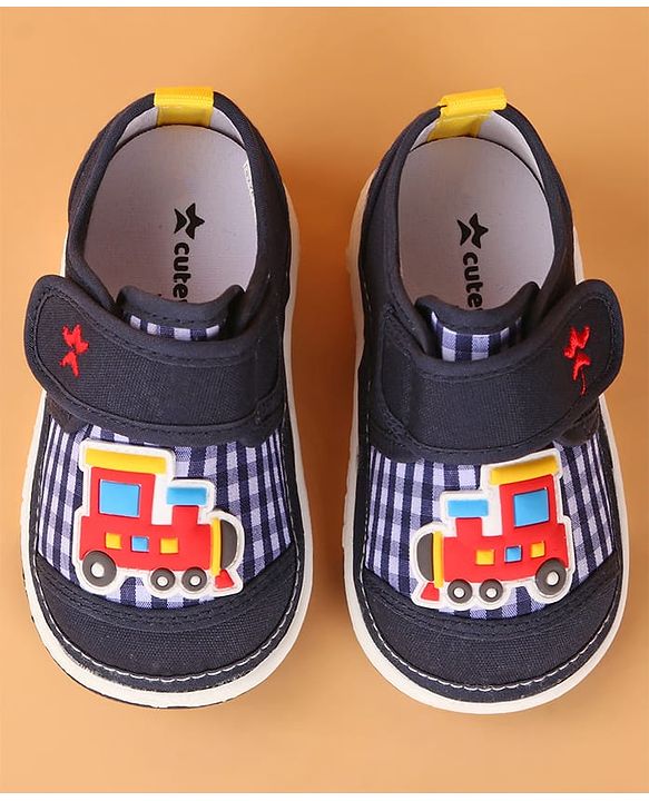 Cute Walk by Babyhug Velcro Closure Casual Shoes with Checks & Train Applique - Navy Blue