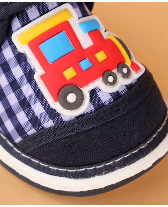 Cute Walk by Babyhug Velcro Closure Casual Shoes with Checks & Train Applique - Navy Blue