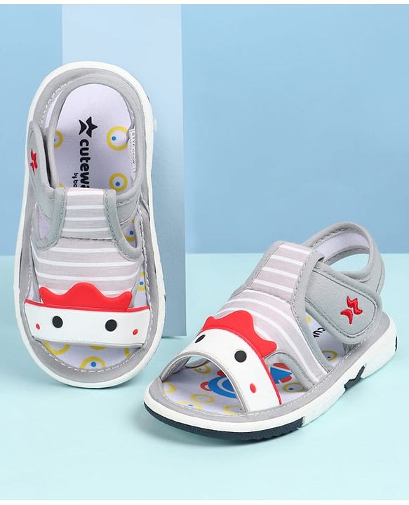 Cute Walk by Babyhug Sandals With Face Applique & Velcro Closure - Grey