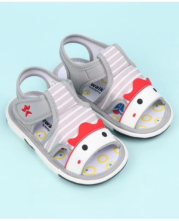 Cute Walk by Babyhug Sandals With Face Applique & Velcro Closure - Grey