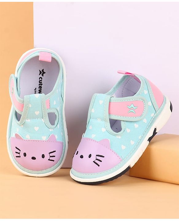 Cute Walk by Babyhug Velcro Closure Casual Shoes with Heart Print & Embroidery - Aqua Blue