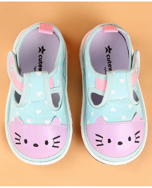 Cute Walk by Babyhug Velcro Closure Casual Shoes with Heart Print & Embroidery - Aqua Blue