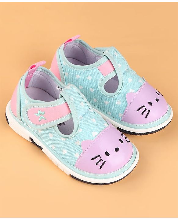 Cute Walk by Babyhug Velcro Closure Casual Shoes with Heart Print & Embroidery - Aqua Blue