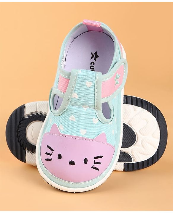 Cute Walk by Babyhug Velcro Closure Casual Shoes with Heart Print & Embroidery - Aqua Blue