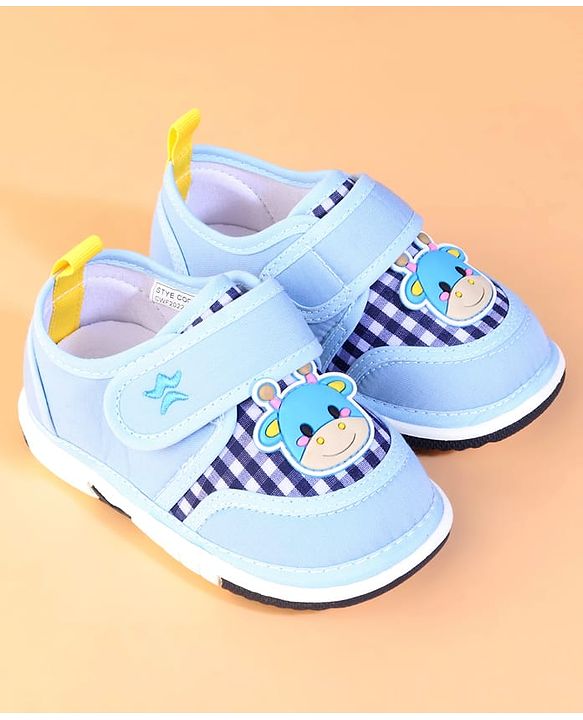 Cute Walk by Babyhug Velcro Closure Checks Casual Shoes With Cow Applique - Light Blue