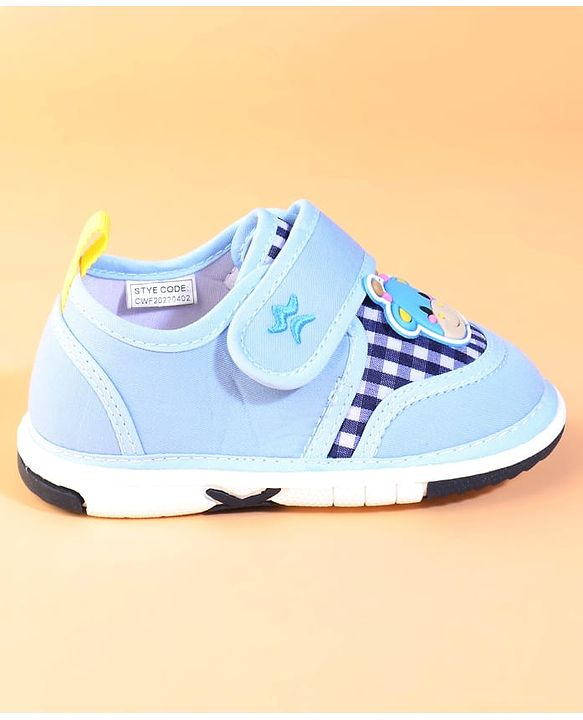 Cute Walk by Babyhug Velcro Closure Checks Casual Shoes With Cow Applique - Light Blue