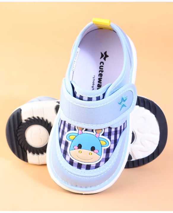 Cute Walk by Babyhug Velcro Closure Checks Casual Shoes With Cow Applique - Light Blue
