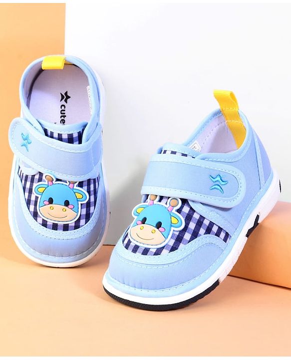 Cute Walk by Babyhug Velcro Closure Checks Casual Shoes With Cow Applique - Light Blue