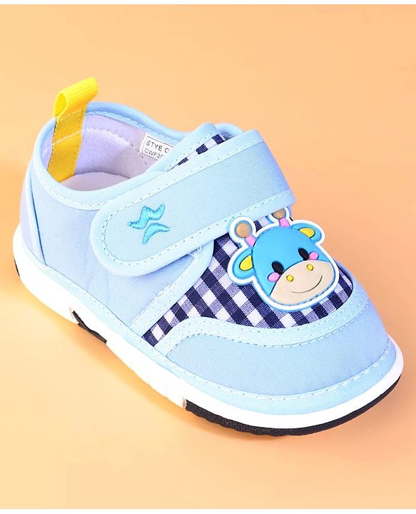 Cute Walk by Babyhug Velcro Closure Checks Casual Shoes With Cow Applique - Light Blue