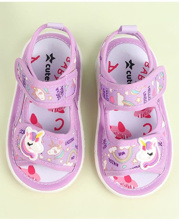 Cute Walk by Babyhug Velcro Closure Sandals with Unicorn Print & Applique - Purple