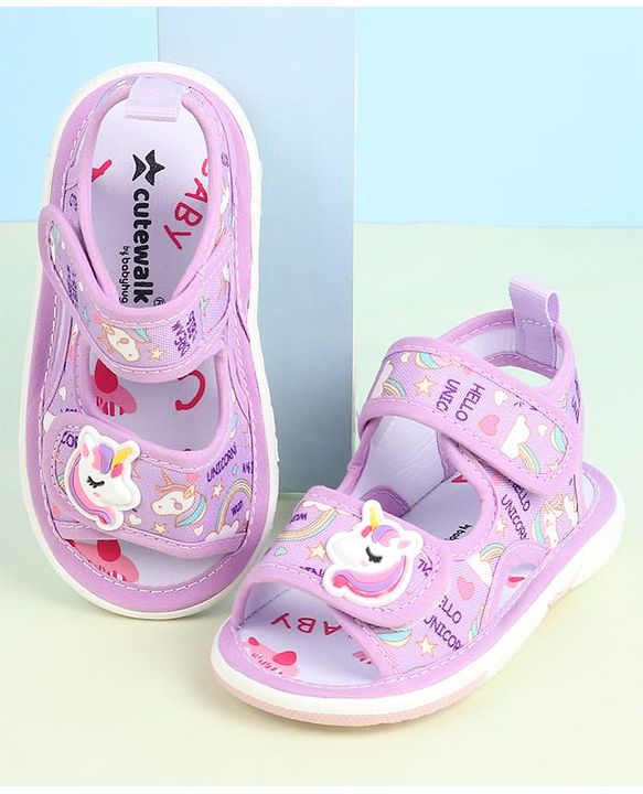 Cute Walk by Babyhug Velcro Closure Sandals with Unicorn Print & Applique - Purple