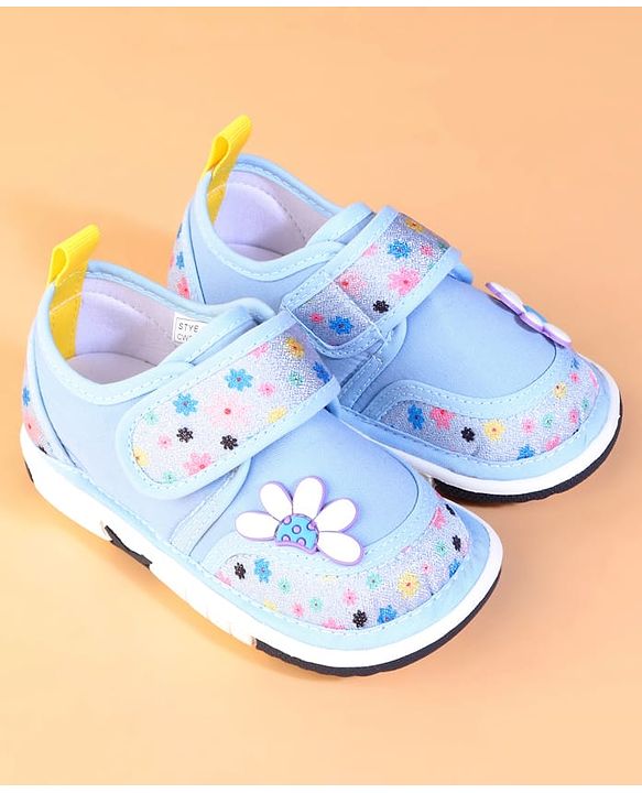 Cute Walk by Babyhug Velcro Closure Casual Shoes With Floral Print & Applique - Blue