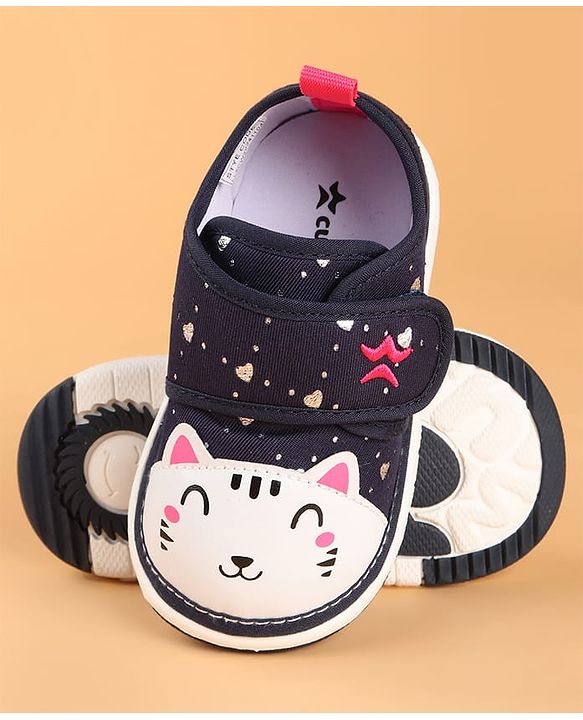 Cute Walk by Babyhug Velcro Closure Casual Shoes with Kitty & Heart Print - Navy Blue