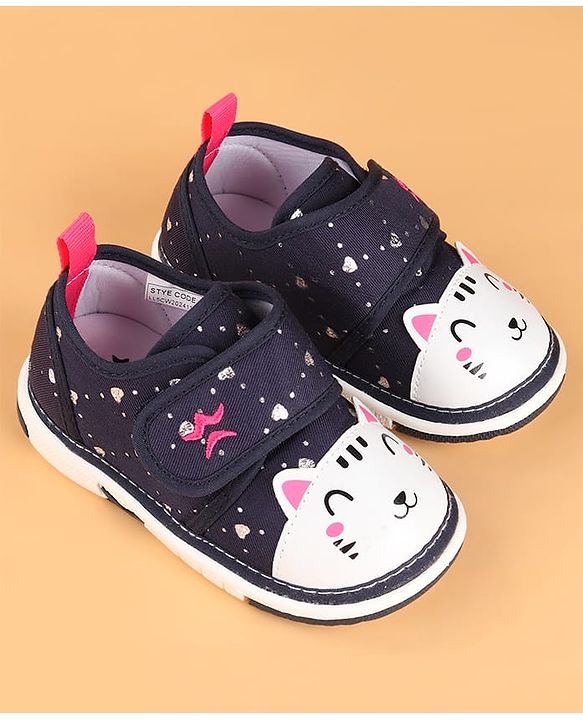 Cute Walk by Babyhug Velcro Closure Casual Shoes with Kitty & Heart Print - Navy Blue
