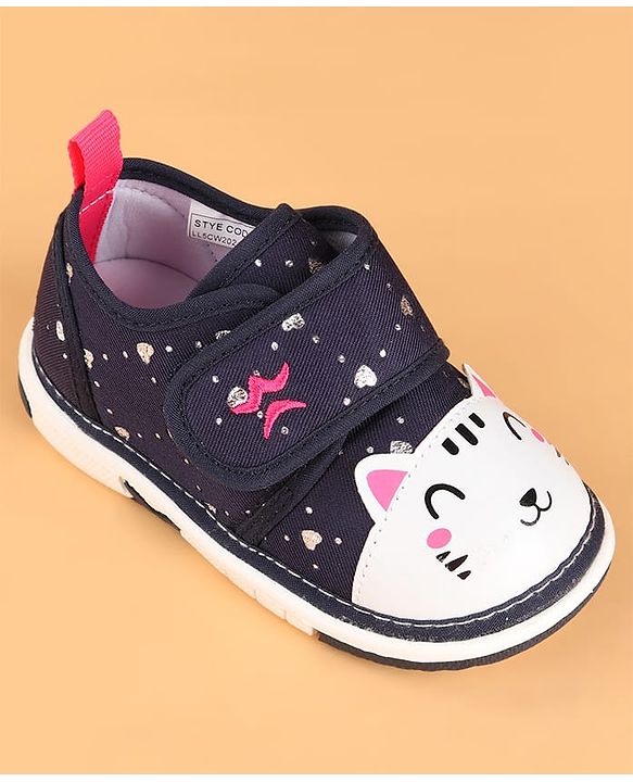 Cute Walk by Babyhug Velcro Closure Casual Shoes with Kitty & Heart Print - Navy Blue