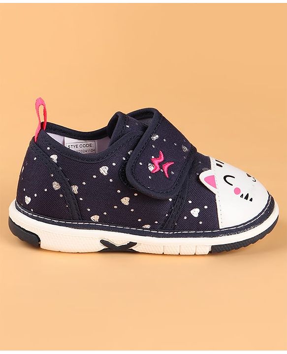 Cute Walk by Babyhug Velcro Closure Casual Shoes with Kitty & Heart Print - Navy Blue