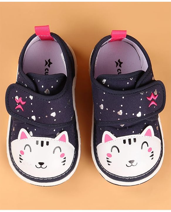 Cute Walk by Babyhug Velcro Closure Casual Shoes with Kitty & Heart Print - Navy Blue